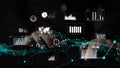 Modern Data Analytics Dashboard Visual with Graphs, Charts, Global Map, and Digital Elements on Black Background for Royalty Free Stock Photo