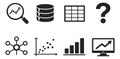 Modern data analytics icons set featuring a magnifying glass, database, spreadsheet, charts, and a question mark for Royalty Free Stock Photo