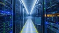 Modern data center aisle with illuminated server racks and cabling Royalty Free Stock Photo