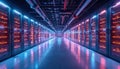Modern data center aisle with rows of glowing servers, network cables overhead. Futuristic tech infrastructure with blue, pink Royalty Free Stock Photo
