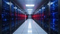 Modern data center aisle with rows of illuminated server racks and bright white ceiling lights Royalty Free Stock Photo