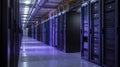 Modern Data Center Aisle with Server Racks and Purple Lighting Royalty Free Stock Photo