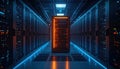 Modern data center with central server illuminated by orange Royalty Free Stock Photo