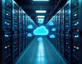 Modern data center with cloud tech. Virtualized data storage with security. Servers, network innovation highlighted. Secure