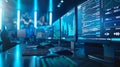 Modern Data Center with Computer Screens Displaying Charts and Code A modern data center with multiple computer screens displa Royalty Free Stock Photo