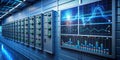 Modern data center control room with monitoring system displaying real-time performance metrics. Generative AI Royalty Free Stock Photo