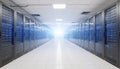 Modern Data Center Corridor with Bright Light at End Royalty Free Stock Photo
