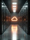 Modern data center corridor with illuminated cloud icon symbolizing cloud storage origin: a technologically advanced server room Royalty Free Stock Photo