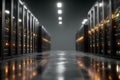 Modern Data Center Corridor with Illuminated Server Racks and Reflections Generative AI Royalty Free Stock Photo