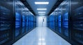 Modern data center corridor with rows of blue lit server racks for high performance computing infrastructure Royalty Free Stock Photo