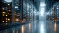 Modern data center corridor with rows of illuminated server racks reflecting on polished floor under bright ceiling lights for Royalty Free Stock Photo