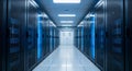 Modern data center corridor with rows of server racks illuminated by bright overhead lighting Royalty Free Stock Photo