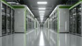 Modern data center corridor with server racks and green accent lighting Royalty Free Stock Photo