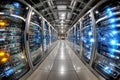 Modern Data Center Corridor with Server Racks and Network Visualization Royalty Free Stock Photo
