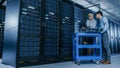 In the Modern Data Center: Engineer and IT Specialist Work with Server Racks, on a Pushcart Equipm Royalty Free Stock Photo