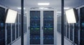 Modern Data Center Environment with Rows of Illuminated Server Racks and Advanced Computing Royalty Free Stock Photo