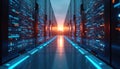 Modern data center evening optimization by machine learning algorithms. Panels of screens display complex data streams. Tech Royalty Free Stock Photo