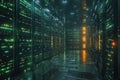 Modern data center filled with network servers illuminated by green and orange lights at night Royalty Free Stock Photo
