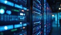 Modern data center filled with server racks. Tech screens display complex code. Advanced infrastructure with glowing indicators.