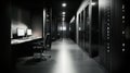 Modern data center hallway with monitors and server racks in minimalist design Royalty Free Stock Photo