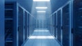 Modern Data Center Hallway with Rows of Server Racks illuminated by LED Lights Royalty Free Stock Photo