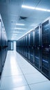 Modern data center hallway with server racks and network equipment, technology infrastructure. Royalty Free Stock Photo