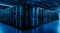 Modern data center with illuminated server racks and advanced network infrastructure