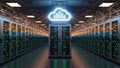 Modern data center with illuminated server racks and cloud storage icon Royalty Free Stock Photo