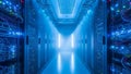 Modern data center with illuminated server racks in a futuristic blue-lit environment Royalty Free Stock Photo