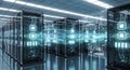 Modern data center with illuminated servers, processors, and active data streams for digital information. Royalty Free Stock Photo