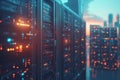 Modern data center with illuminated servers symbolizing secure data storage advanced networking and fast communication in a hig