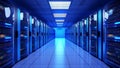 A modern data center with a long row of server racks, networking towers, and a render farm showcases a high-tech Royalty Free Stock Photo