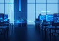 Modern Data Center with Multiple Computer Monitors Displaying Digital Graphs and Analytics Royalty Free Stock Photo