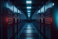 Modern Data Center With Multiple Rows of Fully Operational Server Racks. Modern High-Tech Telecommunications Database