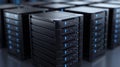 Modern data center with multiple server racks. High-performance computing, data storage, and cybersecurity infrastructure
