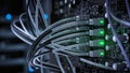 Modern data center network equipment with connected Ethernet cables â AI content Royalty Free Stock Photo