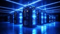 Modern data center with organized state of the art server racks emitting soft blue glow