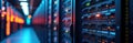 Modern data center rack technology in operation. Server racks with glowing lights. High-performance networking equipment. Data
