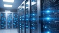 Server Room Data Center with Blinking Blue Lights, Network Racks and Cables, Computer Infrastructure Royalty Free Stock Photo