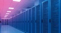 Modern data center with rows of blue lit server racks in a clean high tech facility for cloud computing storage Royalty Free Stock Photo