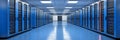 Modern Data Center with Rows of Blue Server Racks, Orange Illumination, Concept of Cloud Computing