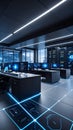 Modern data center with rows of computer monitors and server racks, blue lighting Royalty Free Stock Photo