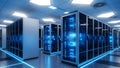 Modern Data Center with Rows of Glowing Blue Server Racks and Blinking Lights Royalty Free Stock Photo