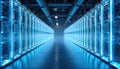 Modern data center with rows of glowing blue servers. Advanced computer infrastructure uses liquid cooling for efficient Royalty Free Stock Photo
