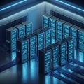 Modern Data Center With Rows of Glowing Server Racks in Blue Light Royalty Free Stock Photo