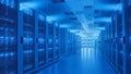 Modern Data Center With Rows of Illuminated Server Racks in Blue Lighting Royalty Free Stock Photo