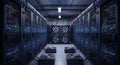 Modern data center with rows of illuminated server racks and complex network infrastructure. Royalty Free Stock Photo