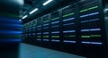 Modern data center with rows of illuminated server racks in a high tech computing facility environment Royalty Free Stock Photo