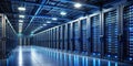 A modern data center rows of illuminated server racks in a sleek, high-tech facility. Generative AI Royalty Free Stock Photo
