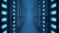Modern Data Center with Rows of Server Racks in Blue Lighting Royalty Free Stock Photo
